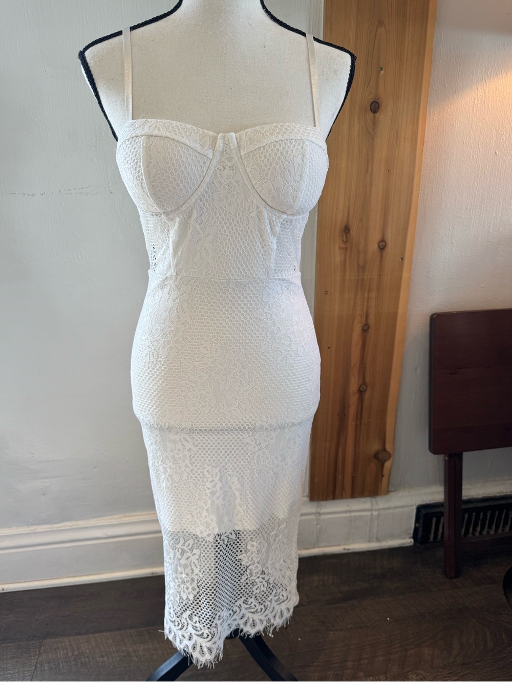 White Lace Midi Slip Dress with Semi-Sheer Paneling and Padded Bust